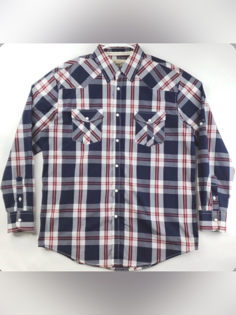 Coastal Men Blue White Red Western Pearl Snap Shirt Plaid Long Sleeve Pockets